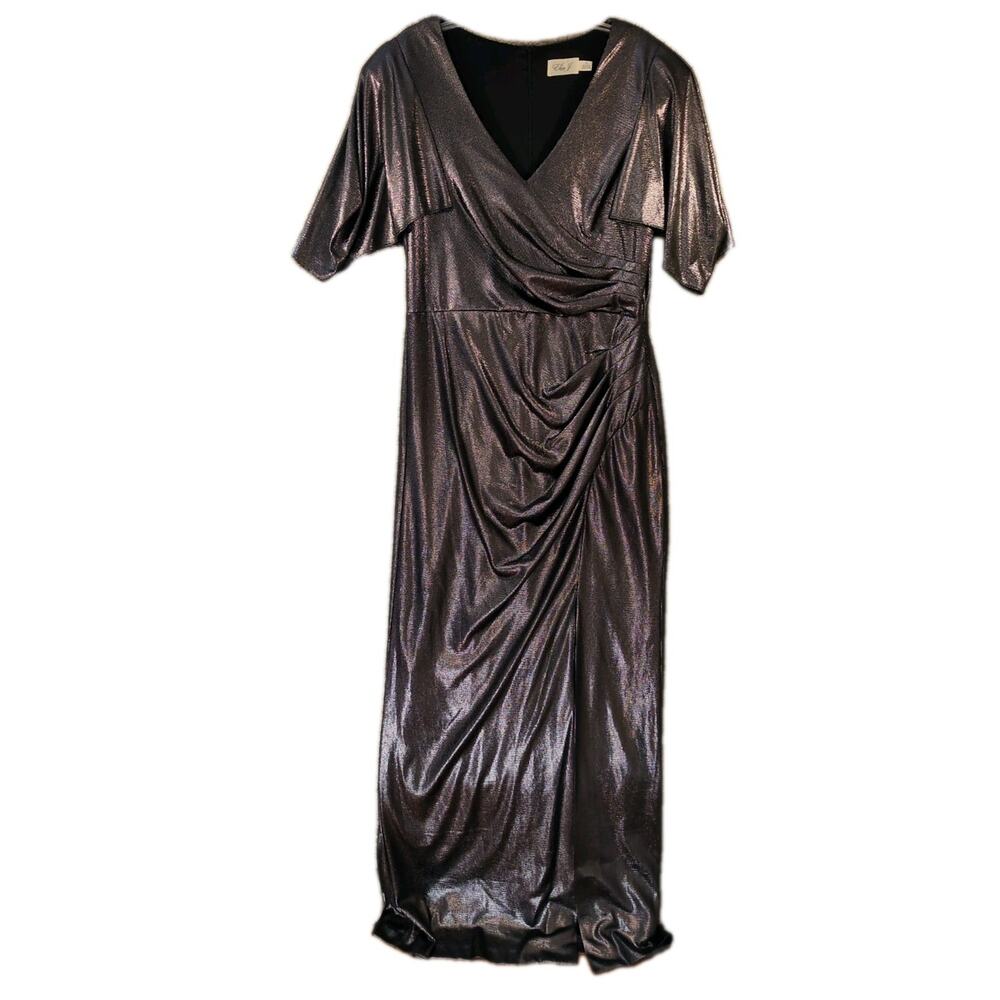 Eliza J Women's Maxi Dress Silver Metallic Gown Size 16 Kimono Sleeve Formal